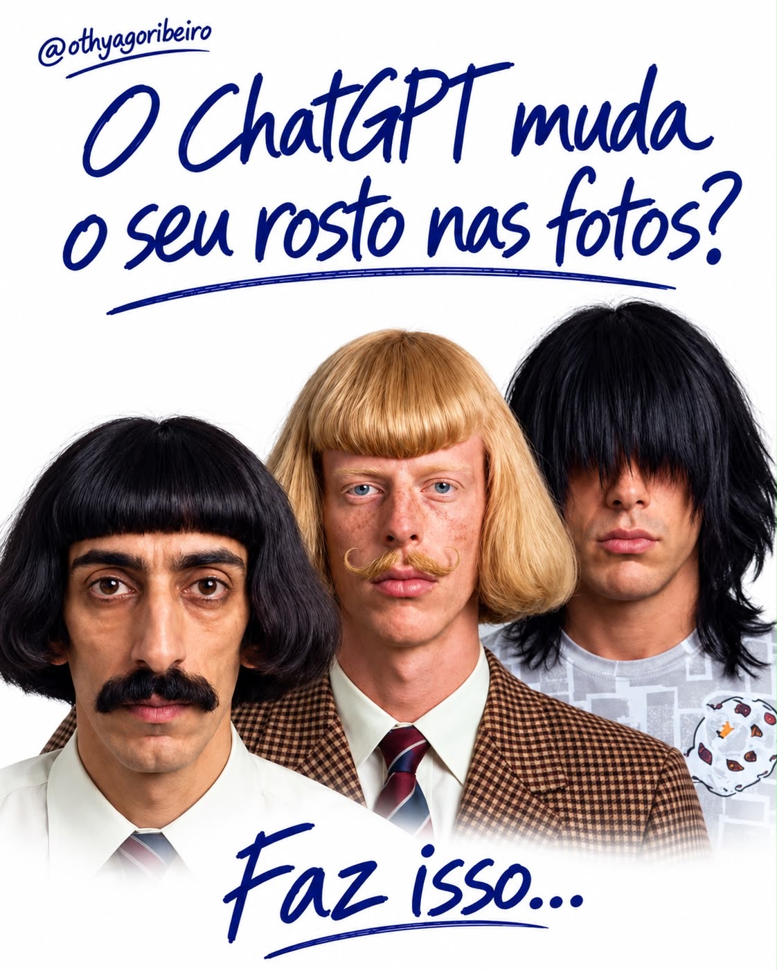 Capa do carrossel: O ChatGPT muda o seu rosto nas fotos? Faz isso…, com três personagens
